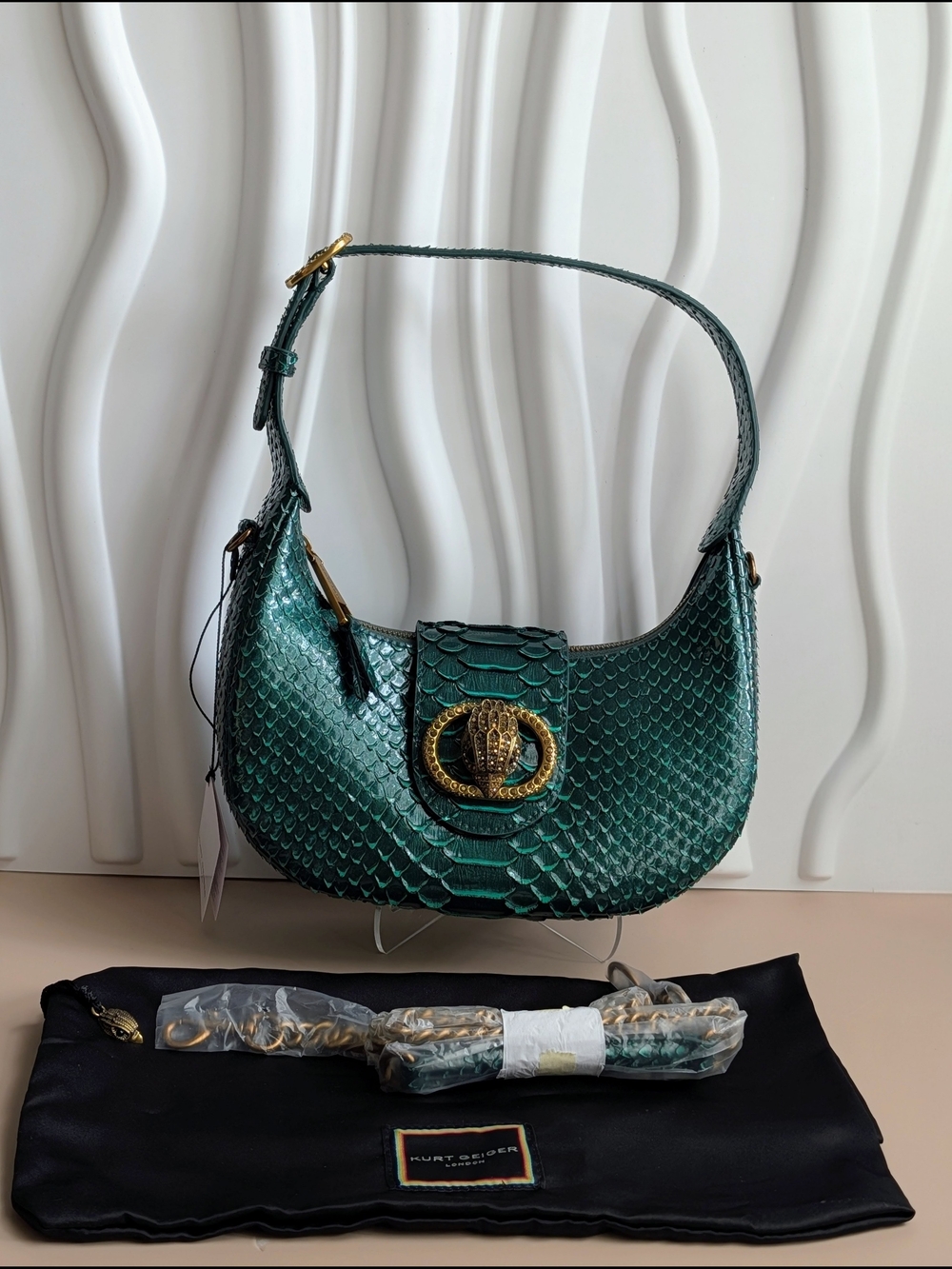NWT Kurt Geiger Small Chelsea Green Snake Leather Hobo Bag
